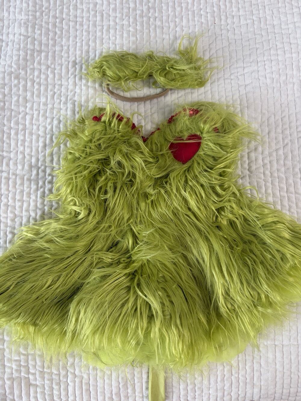 Girls Green Christmas Monster Costume Furry Dress Headband Holiday 3T-4T